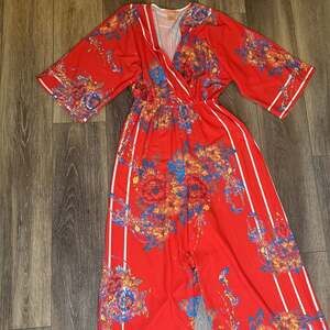 Flying Tomato Red Floral Boho Wide Leg Jumpsuit | Kimono Sleeve